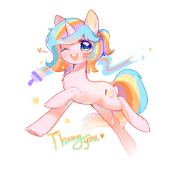 Size: 987x945 | Tagged: safe, artist:dreamsugar, oc, oc only, oc:oofy colorful, pony, unicorn, female, heart, horn, looking at you, mare, one eye closed, open mouth, open smile, simple background, smiling, smiling at you, solo, stars, thank you, white background, wink, winking at you
