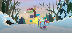 Size: 1920x882 | Tagged: safe, screencap, discord, rainbow dash, draconequus, pegasus, pony, g4, my little pony best gift ever, beanie, clothes, duo, duo male and female, eyes closed, female, frown, hat, male, mare, not what it looks like, out of context, snow, winter coat, winter outfit