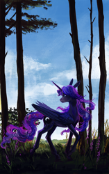 Size: 2000x3185 | Tagged: safe, artist:weird--fish, princess luna, alicorn, pony, g4, beautiful, cloud, female, folded wings, frown, grass, high res, large wings, lidded eyes, long mane, long tail, looking back, mare, missing accessory, nature, outdoors, raised hoof, slender, solo, sternocleidomastoid, tail, thin, tree, wings