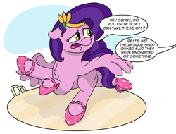 Size: 3304x2509 | Tagged: safe, artist:doodledonutart, pipp petals, pegasus, pony, g5, body control, clothes, comic, commission, dancing, dialogue, female, floppy ears, high res, implied sunny starscout, magic, magic shoes, mare, offscreen character, open mouth, shoes, speech bubble