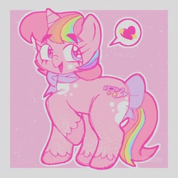 Size: 800x800 | Tagged: safe, artist:cosmiccrayons, oc, oc only, oc:cosmic crayons, pony, unicorn, female, heart, horn, kidcore, looking at you, mare, open mouth, raised hoof, simple background, solo, speech bubble, unicorn oc, white background