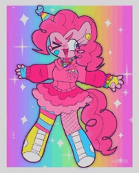 Size: 1249x1547 | Tagged: safe, artist:cosmiccrayons, part of a set, pinkie pie, earth pony, anthro, g4, bandaid, blush sticker, blushing, bracelet, clothes, converse, cutie mark on clothes, eye clipping through hair, eyes closed, female, hat, jewelry, kidcore, mare, necklace, one eye closed, open mouth, party hat, rainbow, shoes, simple background, solo, sparkles, white background, wink
