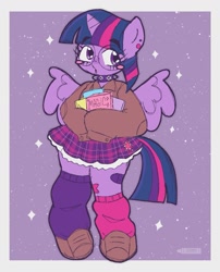 Size: 1249x1547 | Tagged: safe, artist:cosmiccrayons, part of a set, twilight sparkle, alicorn, anthro, g4, blush sticker, blushing, book, clothes, cutie mark on clothes, ear piercing, female, glasses, horn, kidcore, looking at you, magic, mare, piercing, simple background, skirt, solo, sparkles, spread wings, twilight sparkle (alicorn), white background, wings