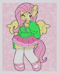 Size: 1249x1547 | Tagged: safe, artist:cosmiccrayons, part of a set, fluttershy, pegasus, anthro, g4, ;p, blush sticker, blushing, clothes, cute, daaaaaaaaaaaw, ear piercing, earring, female, jewelry, kidcore, long sleeves, looking at you, necklace, one eye closed, piercing, shyabetes, simple background, skirt, socks, solo, spread wings, sweater, sweatershy, thigh highs, tongue out, white background, wings, wink, winking at you, zettai ryouiki
