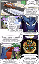 Size: 1280x2098 | Tagged: safe, artist:candyclumsy, spike, oc, oc:duke pentacle, pony, unicorn, comic:revolution of harmony, g4, horn, limousine, logo, male, older, older spike, stallion, unicorn oc