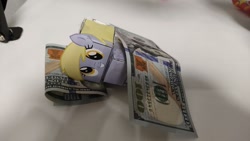 Size: 1280x720 | Tagged: safe, artist:grapefruitface1, artist:styrbo, derpy hooves, g4, bed, craft, cubeecraft, dollar, figurine, irl, joke, meme, money, papercraft, photo, sleeping, statue