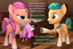 Size: 1598x1080 | Tagged: safe, artist:red4567, hitch trailblazer, sunny starscout, dog, earth pony, pony, g4, g5, 3d, atg 2022, bed, blatant lies, braided ponytail, courage (character), courage the cowardly dog, crossover, duo male and female, female, g5 to g4, generation leap, male, mare, newbie artist training grounds, plushie, pun, source filmmaker, stallion, teasing, unshorn fetlocks, visual pun