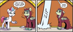 Size: 1809x797 | Tagged: safe, idw, puff (g5), zipp storm, pegasus, pony, g5, my little pony: a new generation, spoiler:comic, spoiler:g5comic, spoiler:g5comic03, dialogue, dragon costume, duo, female, head shake, mare, onomatopoeia, speech bubble