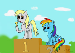 Size: 2912x2059 | Tagged: safe, artist:real-robertson, derpy hooves, rainbow dash, g4, duo, high res, sad, trophy