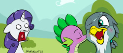 Size: 1116x485 | Tagged: safe, artist:strebiskunk, gabby, rarity, spike, dragon, griffon, pony, unicorn, g4, blank eyes, blushing, cheek kiss, eyes closed, female, floppy ears, kissing, male, mare, monochrome, open mouth, ship:spabby, shipping, shocked, shocked expression, signature, straight, tongue out