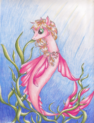 Size: 2139x2804 | Tagged: safe, artist:thepurpleskittle, oc, oc only, merpony, sea pony, dorsal fin, female, fins, fish tail, flowing mane, flowing tail, green eyes, high res, jewelry, mare, necklace, ocean, pearl necklace, seaweed, smiling, solo, sunlight, tail, traditional art, underwater, water