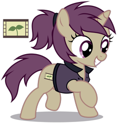 Size: 3223x3383 | Tagged: safe, artist:strategypony, oc, oc only, oc:lavrushka, pony, unicorn, clothes, cutie mark, eyelashes, female, filly, foal, high res, horn, looking down, pony oc, ponytail, purple eyes, purple mane, purple tail, raised hoof, reference sheet, simple background, smiling, solo, tail, toothy grin, transparent background, unicorn oc, vest, white coat