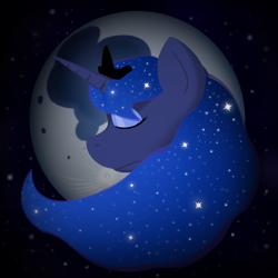 Size: 2000x2000 | Tagged: safe, artist:oldman, princess luna, alicorn, pony, g4, eyes closed, eyeshadow, female, head, high res, horn, makeup, mare, moon, solo, space, stars