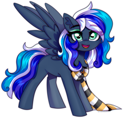 Size: 2325x2233 | Tagged: safe, artist:stesha, oc, oc only, oc:flaming dune, pegasus, pony, chest fluff, clothes, curly mane, cute, eyeshadow, female, full body, gradient eyes, high res, looking at you, makeup, mare, multicolored hair, multicolored tail, open mouth, open smile, pegasus oc, scarf, simple background, smiling, smiling at you, solo, spread wings, striped scarf, tail, white background, wings