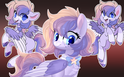 Size: 3200x2000 | Tagged: safe, artist:xvostik, oc, oc only, oc:azure comet, pegasus, pony, bowtie, chest fluff, colored wings, female, freckles, high res, mare, multicolored wings, solo, spread wings, wings
