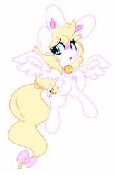 Size: 2457x3714 | Tagged: safe, artist:kindakismet, oc, oc only, pegasus, pony, art trade, bell, bow, bunny ears, cat bell, female, flying, high res, looking at you, mare, open mouth, simple background, solo, spread wings, tail, tail bow, teary eyes, white background, wings
