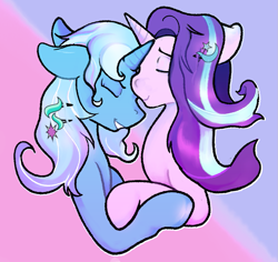 Size: 1085x1024 | Tagged: safe, artist:deerlydissociated, starlight glimmer, trixie, pony, unicorn, g4, eyes closed, female, hairclip, happy, lesbian, nuzzling, ship:startrix, shipping, smiling