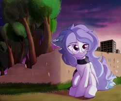 Size: 1178x986 | Tagged: safe, artist:rainydark, oc, oc only, pegasus, pony, blue tail, clothes, female, looking up, outdoors, pegasus oc, purple eyes, purple hair, scarf, sitting, sky, solo, tail, tree