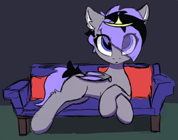 Size: 786x620 | Tagged: safe, artist:verlista, oc, oc only, oc:lily moonlight, bat pony, couch, ear fluff, jewelry, lying down, pillow, sketch, solo, tiara