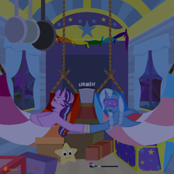 Size: 1200x1200 | Tagged: safe, artist:aahollym, starlight glimmer, trixie, pony, unicorn, g4, alternate hairstyle, braid, eyes closed, female, hammock, holding hooves, lesbian, lesbian pride flag, mask, pride, pride flag, ship:startrix, shipping, sleep mask, sleeping, snoring, trans trixie, transgender, transgender pride flag, trixie's wagon, wagon