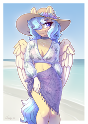 Size: 4960x7016 | Tagged: safe, artist:dandy, oc, oc only, pegasus, anthro, absurd resolution, beach, bedroom eyes, belly button, bikini, blouse, breasts, choker, cleavage, clothes, eyeshadow, female, flower, hair over one eye, hat, jewelry, looking at you, makeup, mare, midriff, necklace, ocean, pegasus oc, sarong, see-through, smiling, solo, sun hat, swimsuit, water, wings