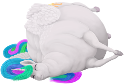 Size: 1400x946 | Tagged: safe, artist:soobel, princess celestia, alicorn, pony, g4, belly, big belly, cake, cakelestia, chubbylestia, eyes closed, fat, female, food, huge belly, lying down, mare, morbidly obese, obese, on side, realistic horse legs, simple background, sleeping, solo, transparent background