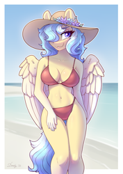 Size: 4960x7016 | Tagged: safe, artist:dandy, oc, oc only, pegasus, anthro, absolute cleavage, absurd resolution, beach, bedroom eyes, belly button, bikini, breasts, choker, cleavage, clothes, eyeshadow, female, flower, hair over one eye, hat, jewelry, looking at you, makeup, mare, necklace, ocean, pegasus oc, smiling, solo, sun hat, swimsuit, underass, water, wings