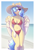 Size: 4960x7016 | Tagged: safe, artist:dandy, oc, oc only, pegasus, anthro, absolute cleavage, absurd resolution, beach, bedroom eyes, belly button, bikini, breasts, choker, cleavage, clothes, eyeshadow, female, flower, hair over one eye, hat, jewelry, looking at you, makeup, mare, necklace, ocean, pegasus oc, smiling, solo, sun hat, swimsuit, underass, water, wings