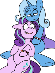 Size: 1200x1600 | Tagged: dead source, safe, artist:pachigirlz, starlight glimmer, trixie, pony, unicorn, g4, bracelet, cuddling, duo, duo female, female, floppy ears, happy, horn, jewelry, lesbian, lesbian pride flag, lidded eyes, looking at each other, looking at someone, lying down, mare, on back, open mouth, open smile, pride, pride flag, ship:startrix, shipping, simple background, smiling, smiling at each other, transgender pride flag, white background