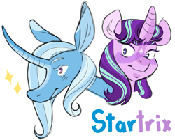 Size: 1109x892 | Tagged: safe, artist:sparjechka, starlight glimmer, trixie, pony, unicorn, g4, curved horn, female, hoers, horn, lesbian, ship:startrix, shipping, smiling