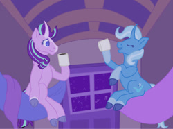 Size: 1280x954 | Tagged: safe, artist:madnesskishinasura, starlight glimmer, trixie, pony, unicorn, g4, cloven hooves, coat markings, curved horn, drink, eyes closed, female, hammock, horn, lesbian, ship:startrix, shipping, smiling, socks (coat markings), trixie's wagon, wagon