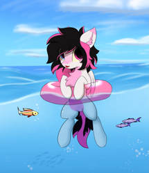 Size: 1719x2000 | Tagged: safe, artist:verlista, oc, oc only, oc:lunylin, fish, pegasus, pony, chest fluff, cloud, colored belly, dark belly, ear fluff, gift art, heterochromia, inner tube, ocean, pegasus oc, reverse countershading, sky, solo, water