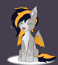 Size: 1936x2160 | Tagged: safe, artist:verlista, oc, oc only, bat pony, pony, ear fluff, eeee, eyes closed, gift art, open mouth, simple background, sitting, smiling, solo