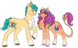 Size: 1280x792 | Tagged: safe, artist:malinraf1615, hitch trailblazer, sunny starscout, earth pony, pony, g5, alternate design, alternate hairstyle, blaze (coat marking), blushing, chest fluff, coat markings, cute, duo, eyes closed, facial markings, female, fluffy, grin, happy, hitchbetes, leonine tail, male, mare, markings, multicolored hair, rainbow hair, raised hoof, redesign, shipping, simple background, smiling, socks (coat markings), stallion, straight, sunnybetes, sunnyhitch, tail, unshorn fetlocks, white background