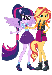 Size: 3250x4620 | Tagged: safe, artist:gmaplay, sci-twi, sunset shimmer, twilight sparkle, human, equestria girls, g4, my little pony equestria girls: better together, clothes, glasses, high res, ponied up, simple background, skirt, transparent background, wings