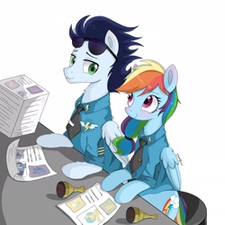 Size: 2176x2176 | Tagged: safe, artist:zhangwenwen, rainbow dash, soarin', pegasus, pony, g4, blushing, clothes, desk, duo, female, high res, looking at each other, looking at someone, male, necktie, ship:soarindash, shipping, simple background, sitting, smiling, straight, sunglasses, uniform, white background, wonderbolts, wonderbolts dress uniform