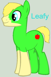 Size: 395x593 | Tagged: safe, editor:wonderwolf51, oc, oc only, oc:leafy, earth pony, pony, coat markings, earth pony oc, facial markings, full body, gray background, green pony, hooves, male, short tail, simple background, smiling, socks (coat markings), solo, stallion, standing, tail, text
