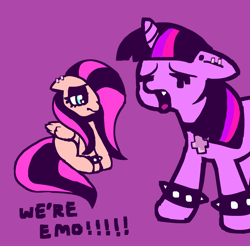 Size: 1992x1958 | Tagged: safe, artist:yakotsuki, fluttershy, twilight sparkle, pegasus, pony, unicorn, g4, duo, ear piercing, emo, emo twilight, emoshy, floppy ears, piercing, purple background, simple background, spiked wristband, we're emo, wristband