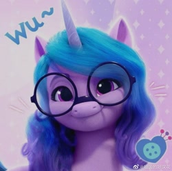 Size: 1079x1072 | Tagged: safe, izzy moonbow, pony, unicorn, g5, abstract background, cute, glasses, izzybetes, solo, weapons-grade cute, weibo