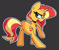 Size: 2429x2036 | Tagged: safe, artist:kindakismet, sunset shimmer, pony, unicorn, g4, black background, butt, female, high res, horn, looking at you, looking back, looking back at you, mare, open mouth, outline, plot, profile, raised hoof, simple background, solo