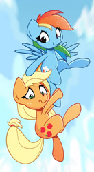 Size: 1746x3187 | Tagged: safe, artist:kindakismet, applejack, rainbow dash, earth pony, pegasus, pony, clinging, cloud, duo, duo female, female, flying, hatless, looking at someone, looking down, mare, missing accessory, sky, sparkly mane, spread wings, wings