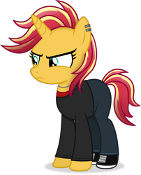 Size: 3683x4563 | Tagged: safe, artist:anime-equestria, sunset shimmer, pony, unicorn, g4, alternate hairstyle, annoyed, clothes, ear piercing, female, horn, jewelry, mare, necklace, piercing, shoes, simple background, solo, transparent background, vector