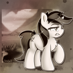 Size: 1200x1200 | Tagged: safe, artist:llametsul, oc, oc:blackjack, pony, unicorn, fallout equestria, fallout equestria: project horizons, angry, atg 2022, chest fluff, crying, fanfic art, female, gritted teeth, horn, mare, monochrome, mountain, newbie artist training grounds, raised hoof, sad, signature, small horn, solo, teary eyes, teeth