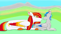 Size: 1920x1080 | Tagged: safe, artist:neytria165, oc, oc only, oc:diamond sun, oc:hawker hurricane, pegasus, pony, colored wings, cute, duo, hawkmond, two toned wings, wings