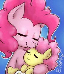 Size: 1029x1200 | Tagged: safe, artist:empyu, li'l cheese, pinkie pie, earth pony, pony, g4, the last problem, 45 minute art challenge, baby, baby pony, colt, cute, diaper, diapinkes, duo, eyes closed, female, foal, happy, holding, li'l cuteese, male, mare, mother and child, mother and son, smiling