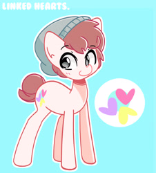 Size: 2420x2682 | Tagged: safe, artist:kindakismet, oc, oc:linked heart, earth pony, pony, beanie, blue background, cutie mark, hat, high res, looking at you, male, outline, simple background, solo