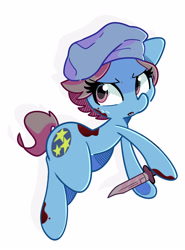 Size: 1523x2060 | Tagged: safe, artist:kindakismet, earth pony, pony, blood, crossover, female, hat, hoof hold, jill valentine, knife, looking at you, mare, ponified, resident evil, simple background, solo, video game, white background