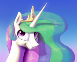 Size: 1060x861 | Tagged: safe, artist:suhar, princess celestia, alicorn, pony, g4, bust, crown, female, gradient background, horn, jewelry, mare, multicolored mane, regalia, smiling, solo