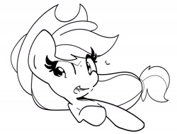 Size: 1890x1440 | Tagged: safe, artist:kindakismet, applejack, earth pony, pony, g4, applejack's hat, black and white, bust, cowboy hat, female, grayscale, hat, looking at you, mare, monochrome, open mouth, simple background, solo, white background