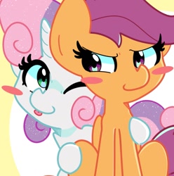 Size: 1289x1302 | Tagged: safe, artist:kindakismet, scootaloo, sweetie belle, pegasus, pony, unicorn, blush sticker, blushing, duo, duo female, female, filly, foal, horn, looking at each other, looking at some, looking at someone, one eye closed, sitting, sparkly mane, tongue out, wink